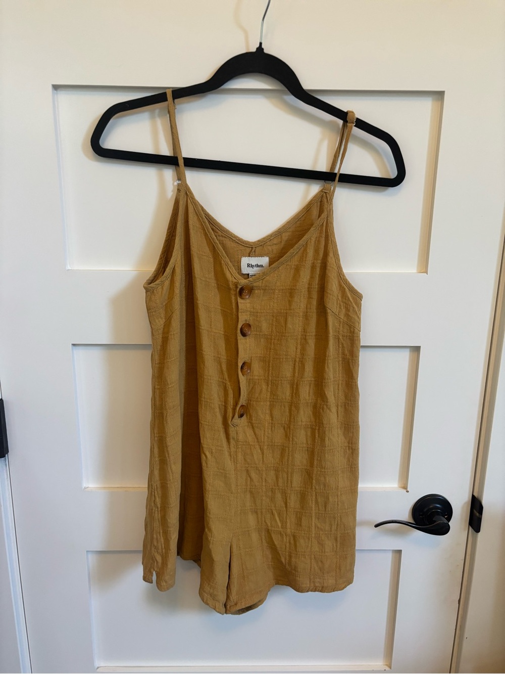 Rhythm Mustard Button-Front Spaghetti Strap Romper
